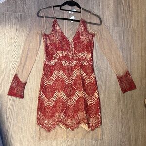 Luxxel Red Lace Long Sleeve Dress